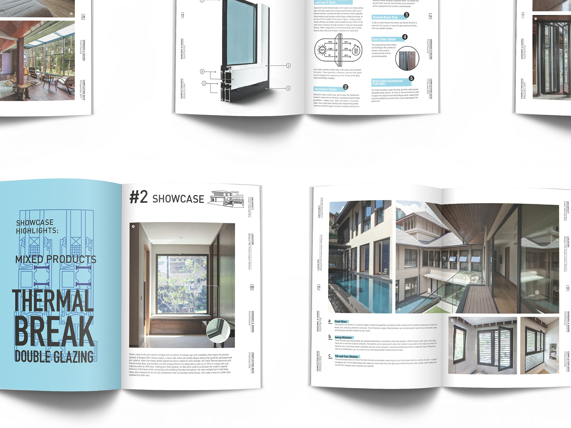 Trend Thermal company profile and catalogue inner pages layout showing beautiful architecture photography and vibrant colours with bold graphics